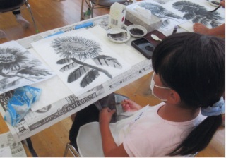 松尾好高指導　鳶尾小学校　水墨画教室情景